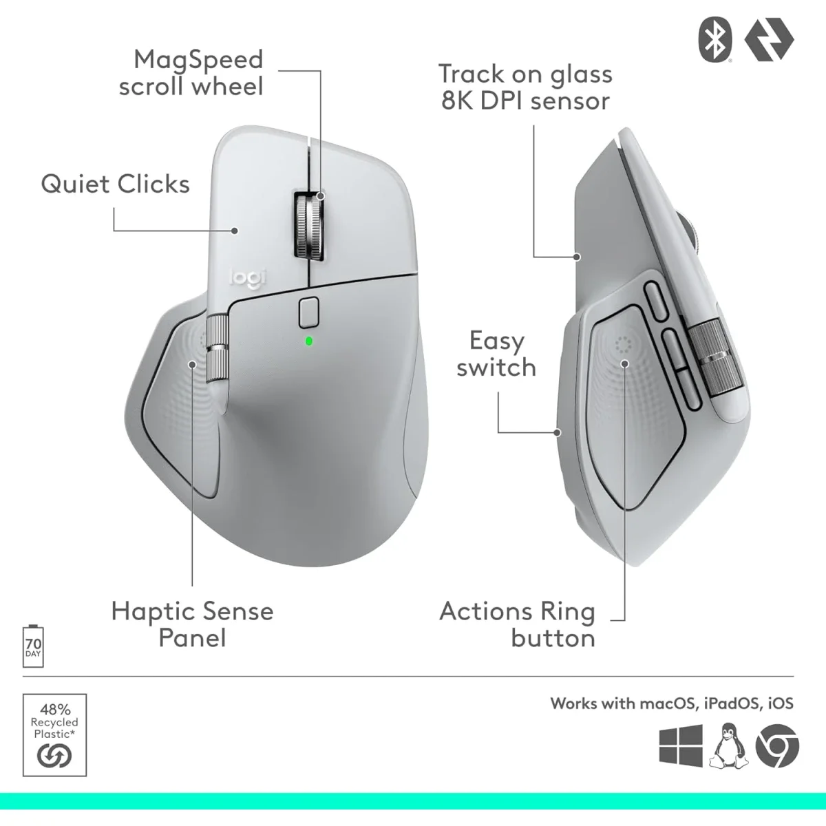 Logitech MX Master 4 for Mac Ergonomic Wireless Mouse - Pale Grey - Thumbnail 5