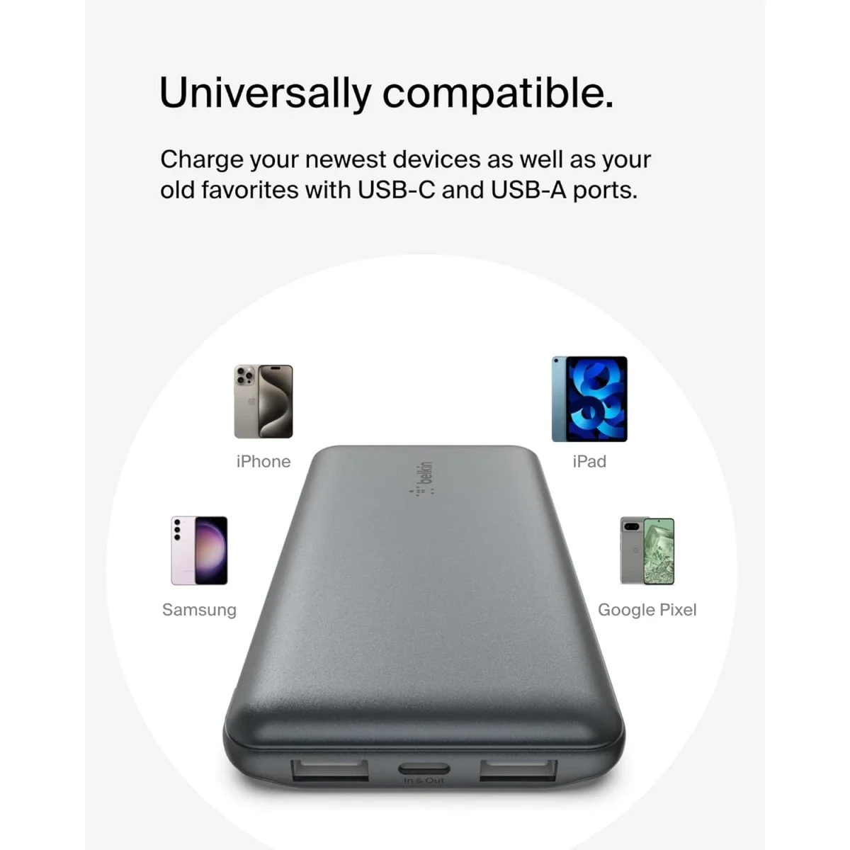 Belkin BoostCharge 10000mAh USB-C Power Bank with 2 USB-A Ports, 15W, Gray - Thumbnail 7