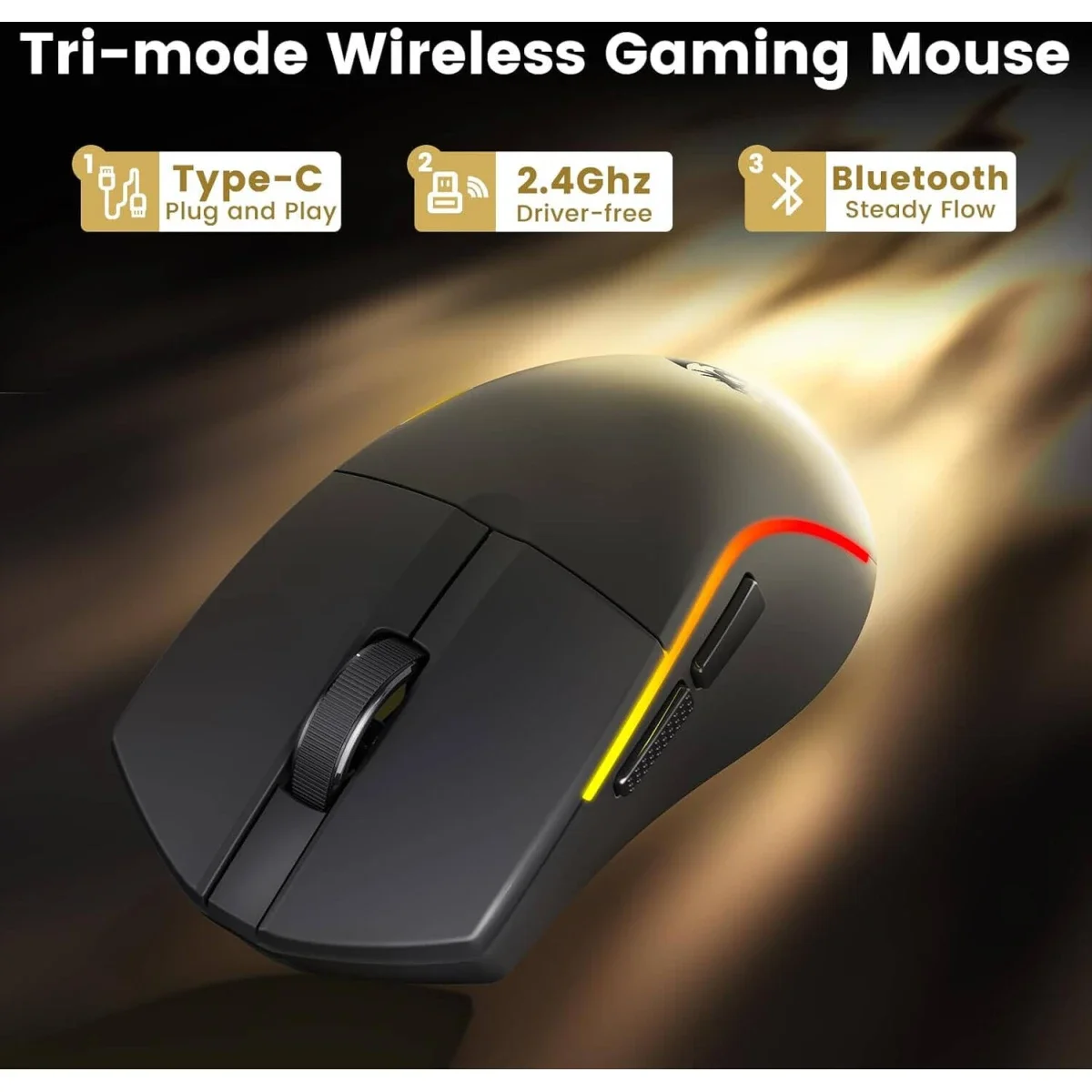 ماوس ألعاب Redragon Deicide M816 Pro لاسلكي ثلاثي الوضع، 26000 DPI، 61g، أسود - Thumbnail 4