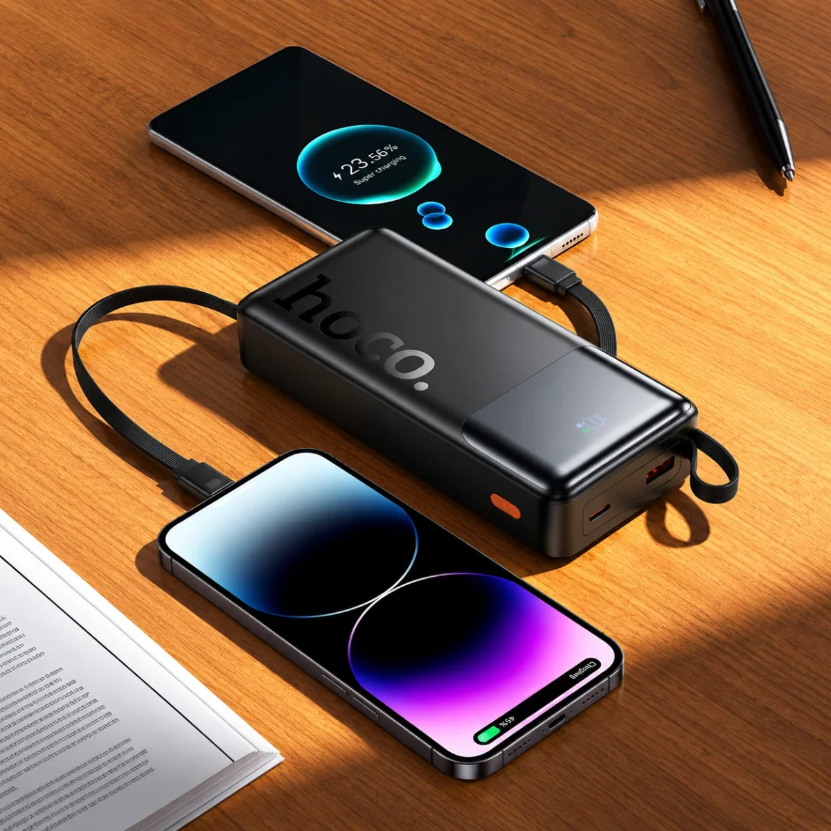 باور بانك HOCO J156A Founder سعة 20000mAh بشحن 22.5W + PD20W وكوابل مدمجة، أسود - Image 5