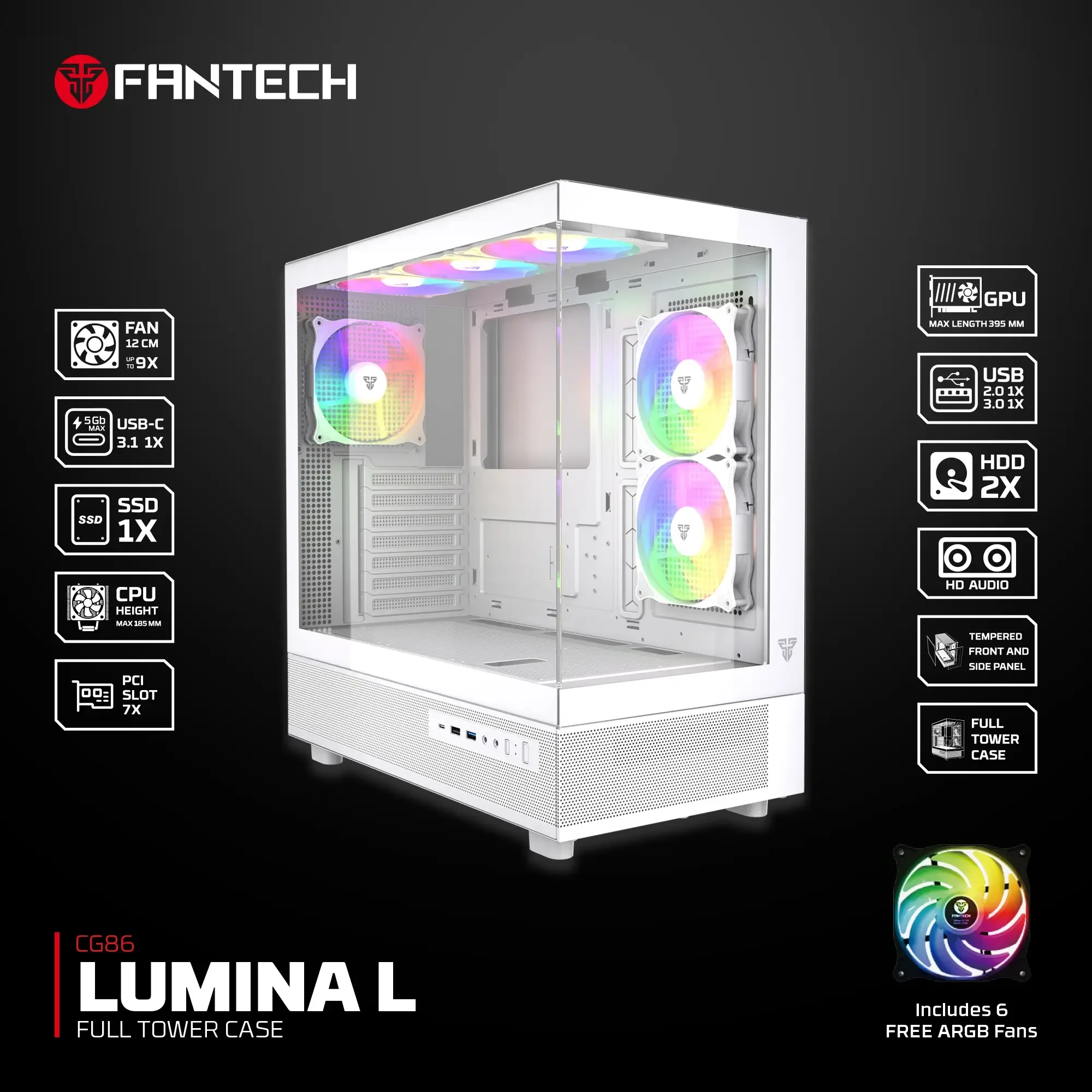 صندوق كمبيوتر ألعاب Fantech CG86 LUMINA L فل تاور باللون الأبيض - Thumbnail 3