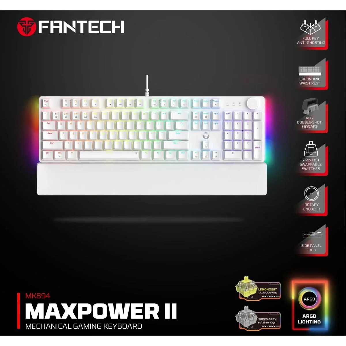 Fantech MK894 Maxpower II Mechanical Gaming Keyboard - White, Lemon Zest Tactile Clicky Switches - Thumbnail 2