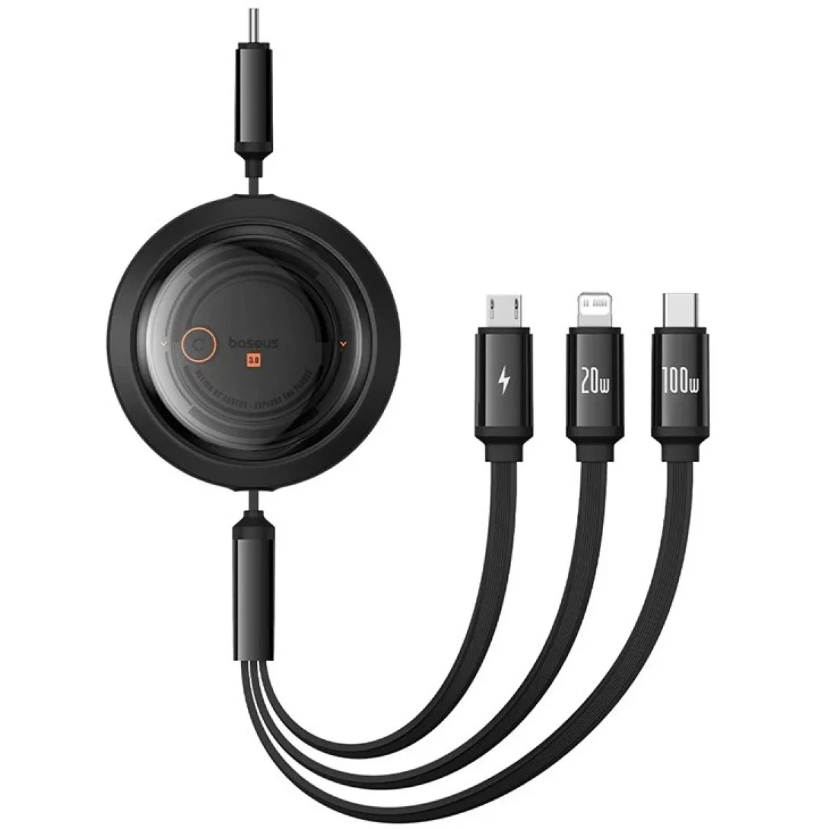 Baseus Free2Draw Retractable Crystal Fast Charging Cable Type-C to Micro USB + Lightning + Type-C 100W 1.1m Cluster Black