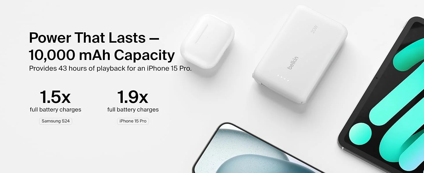 بطارية محمولة Belkin BoostCharge بسعة 10000mAh مع كابل USB-C مدمج وشحن PD بقدرة 20W - أبيض - Thumbnail 15