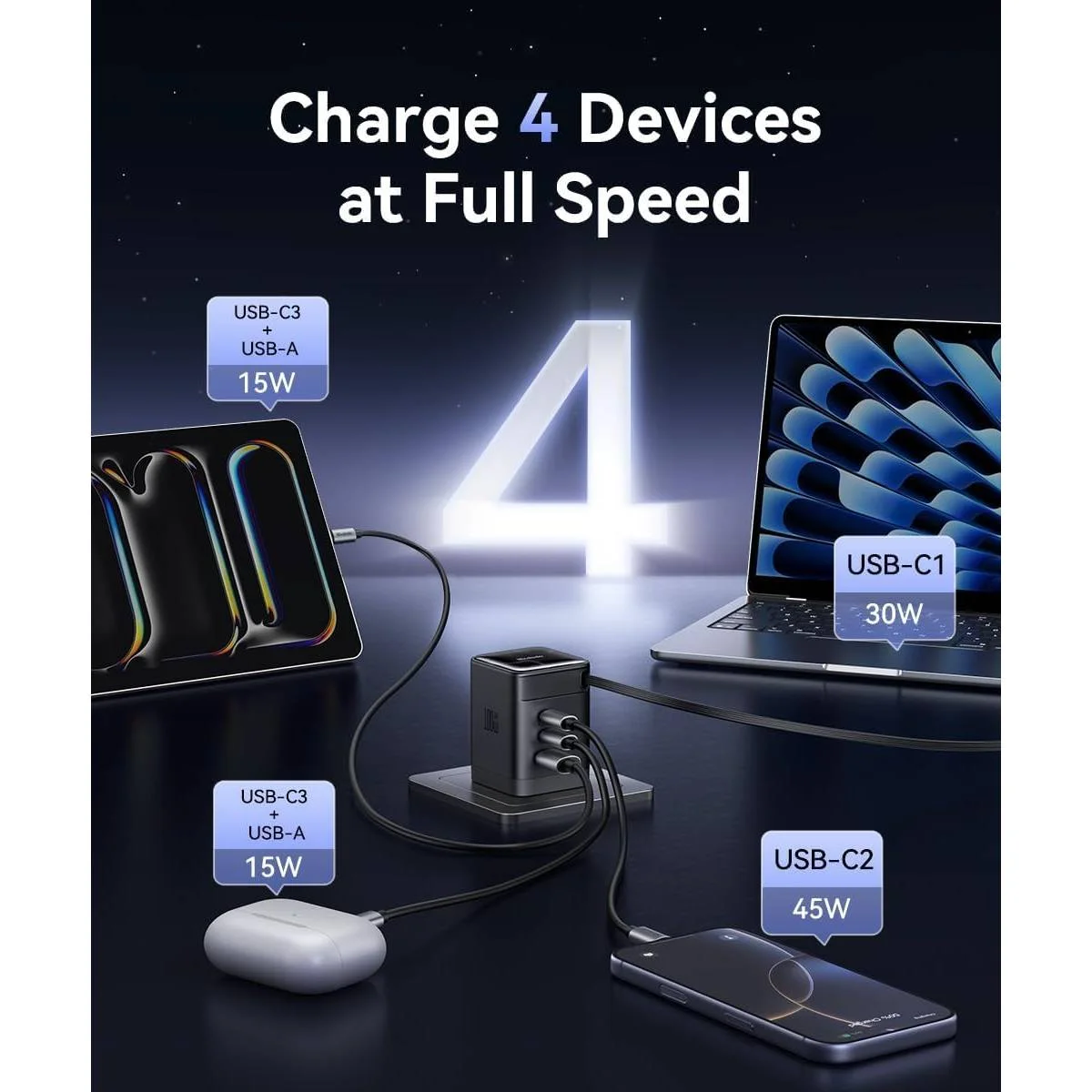 Mcdodo CH-847 100W GaN Charger with 65cm Retractable Cable, 3 USB-C + 1 USB-A - Image 3