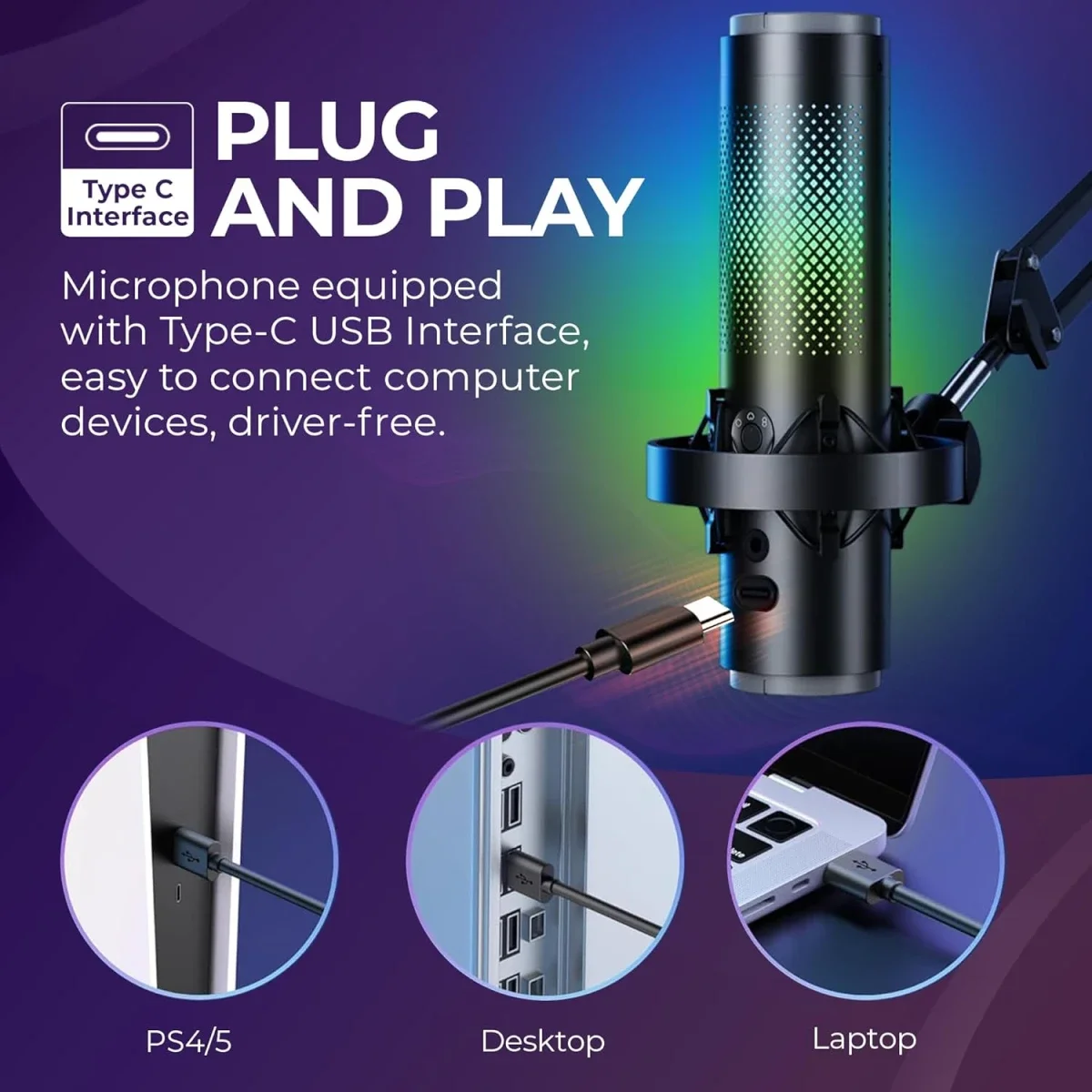 ميكروفون مكثف للألعاب Boya K9 RGB USB-C مع طقم فلتر بوب وحامل مضاد للصدمات - أسود - Image 2