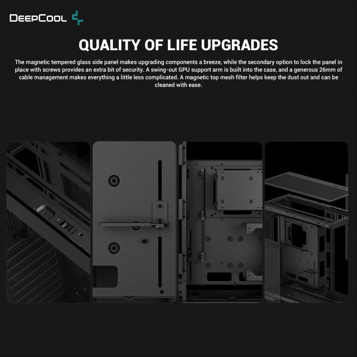 هيكل كمبيوتر DeepCool CH780 ATX+ بانورامي مزدوج الحجرة Full Tower مع حامل رأسي وكابل Gen 4 Riser وزجاج مقوى و3×140mm مراوح ARGB - Black - Image 7