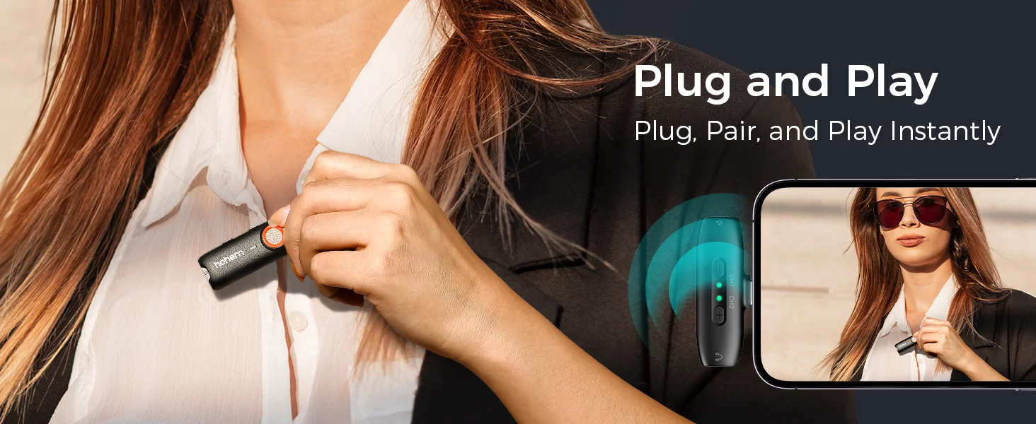 ميكروفون لافالير لاسلكي Hohem MIC-01 مع إلغاء ضوضاء DSP و2 مرسل + 1 مستقبل وعلبة شحن، أبيض - Image 9