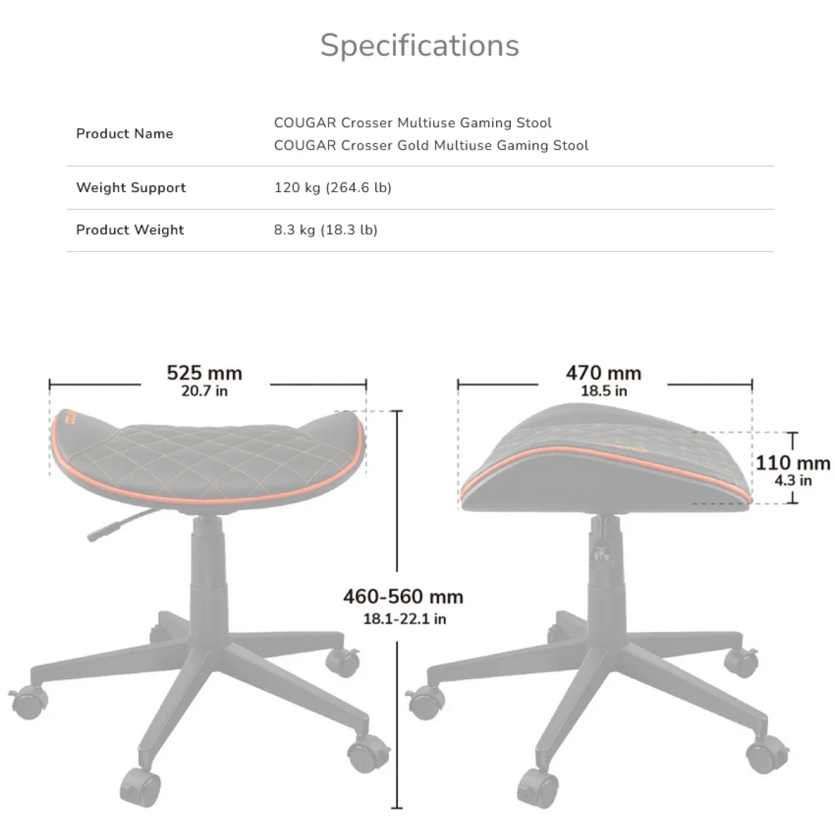 Cougar CROSSER Multi-Use Gaming Stool with Adjustable Height, Black Gold - Image 7