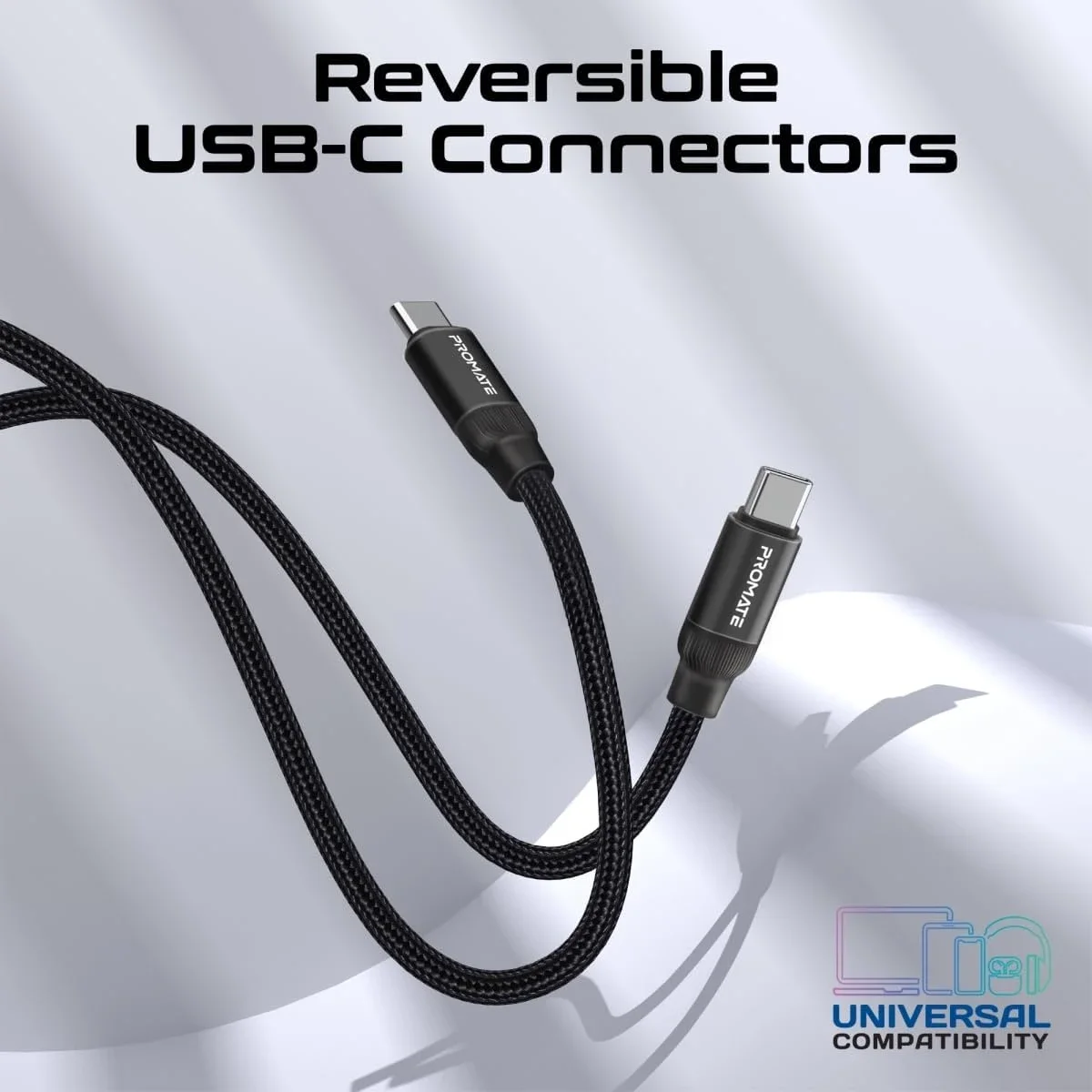 كابل Promate Springy USB-C إلى USB-C مغناطيسي مجدول 60 واط 120 سم أسود - Image 6
