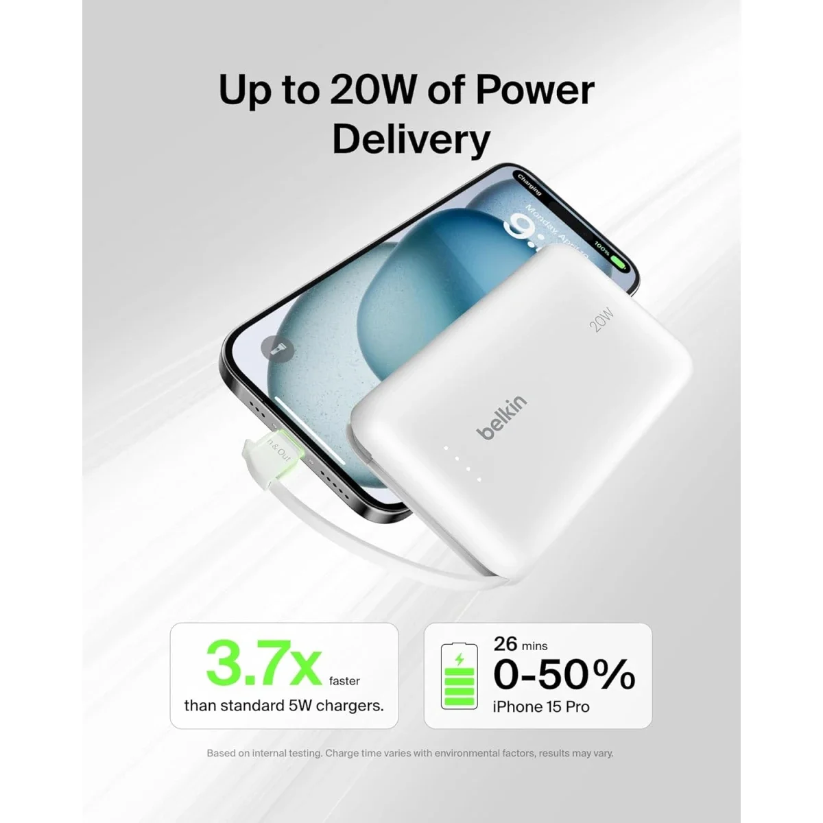 بطارية محمولة Belkin BoostCharge بسعة 10000mAh مع كابل USB-C مدمج وشحن PD بقدرة 20W - أبيض - Thumbnail 7