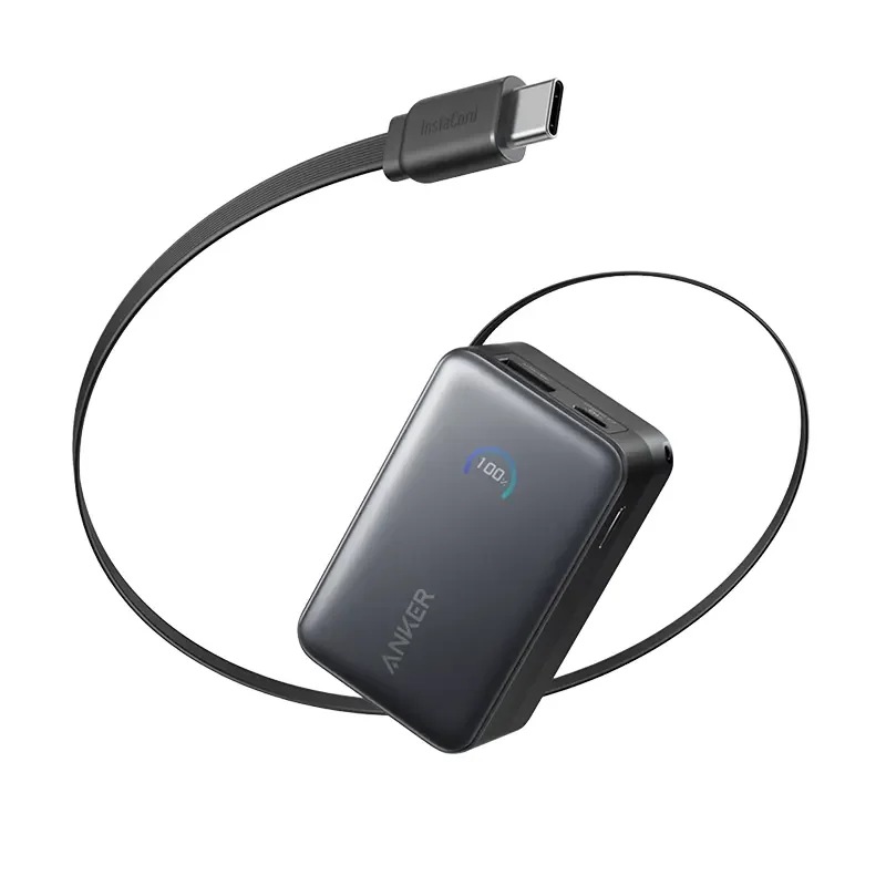 باور بانك Anker Nano A1638H11 سعة 10K بقدرة 45 واط وكابل USB-C مدمج قابل للسحب – أسود