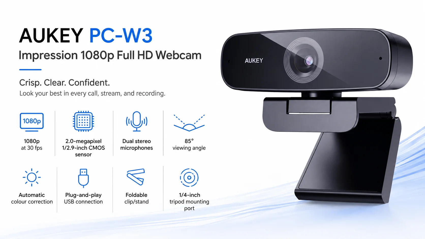 AUKEY PC-W3 Impression 1080p Full HD USB Webcam with Dual Stereo Microphones - Image 8