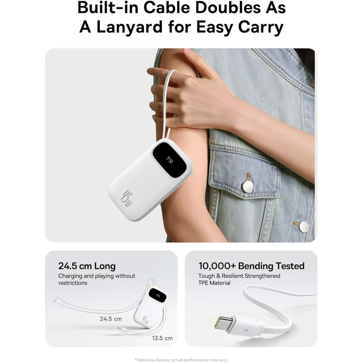 Baseus Qpow 3 10000mAh 45W Power Bank with 2 Built-in USB-C Cables - White - Image 5