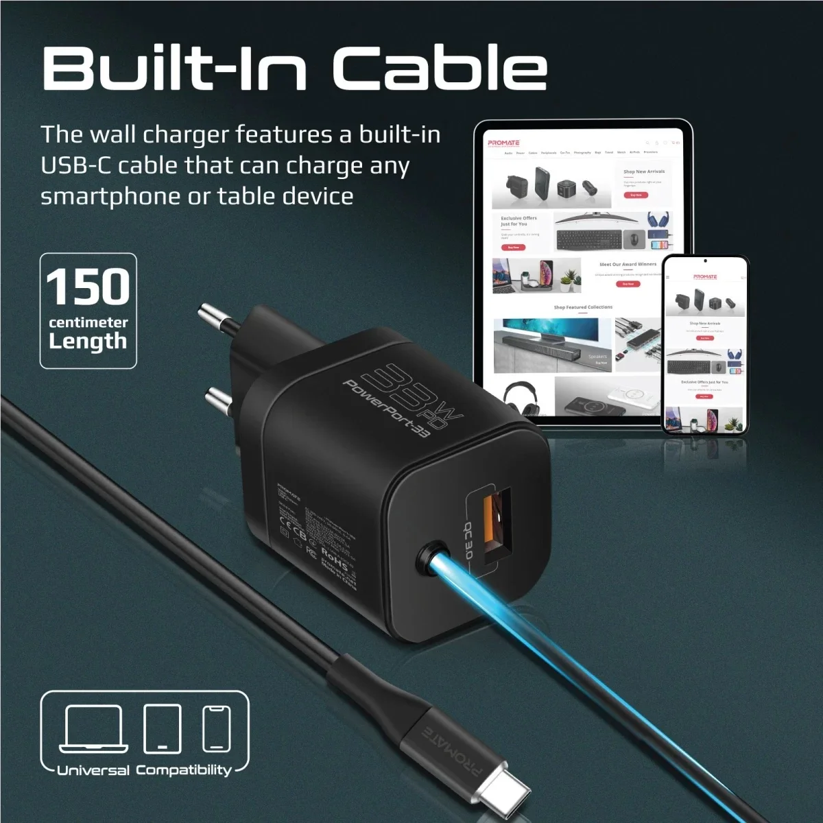 شاحن حائط Promate PowerPort-PDQC3 USB-C بقدرة 33 واط مع QC 3.0 بقدرة 22.5 واط وكابل 1.5 متر - أبيض - Thumbnail 2