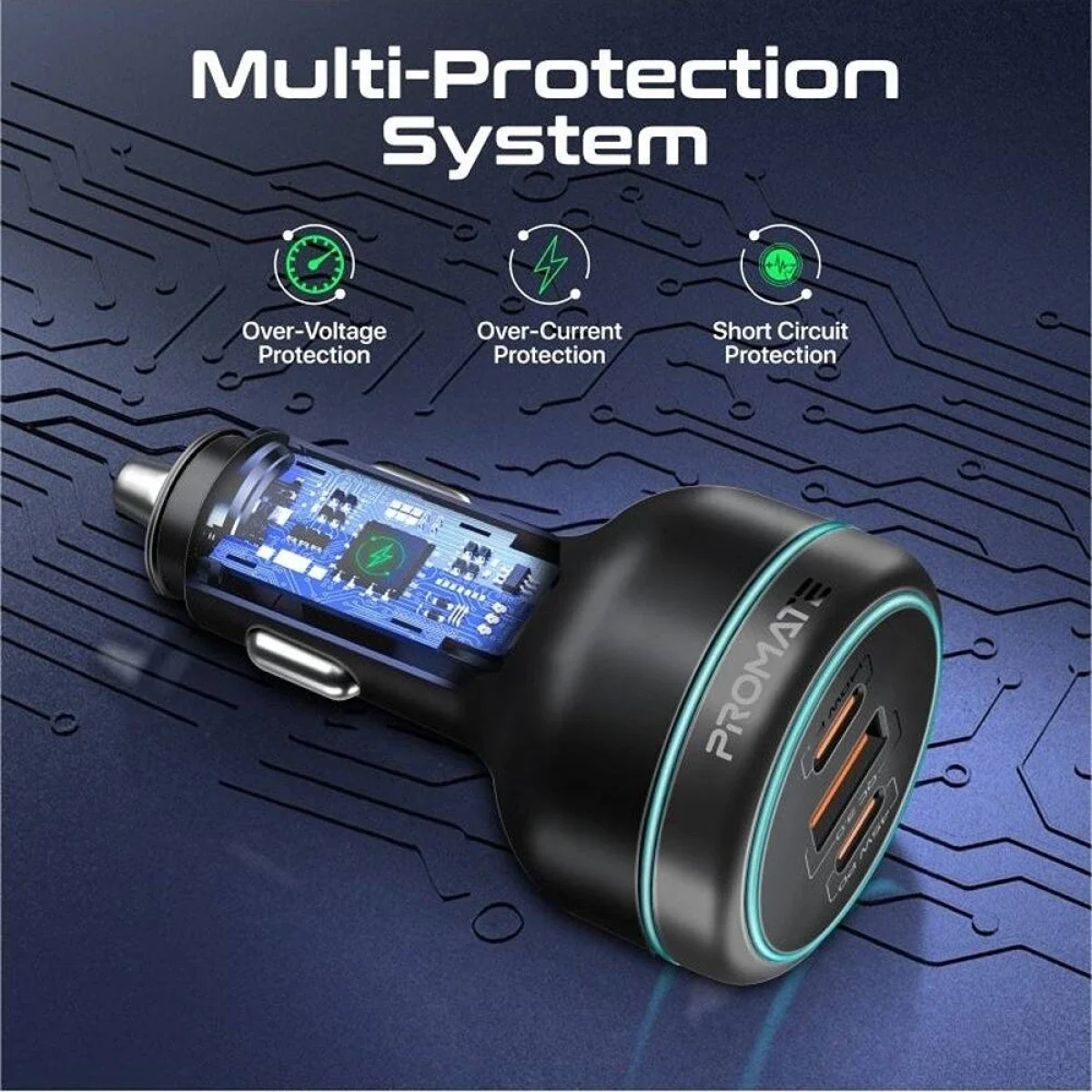 شاحن موبايل للسيارة Promate 230W بمنفذي USB-C بقدرة 140W/45W ومنفذ USB-A 45W - أسود - Image 2