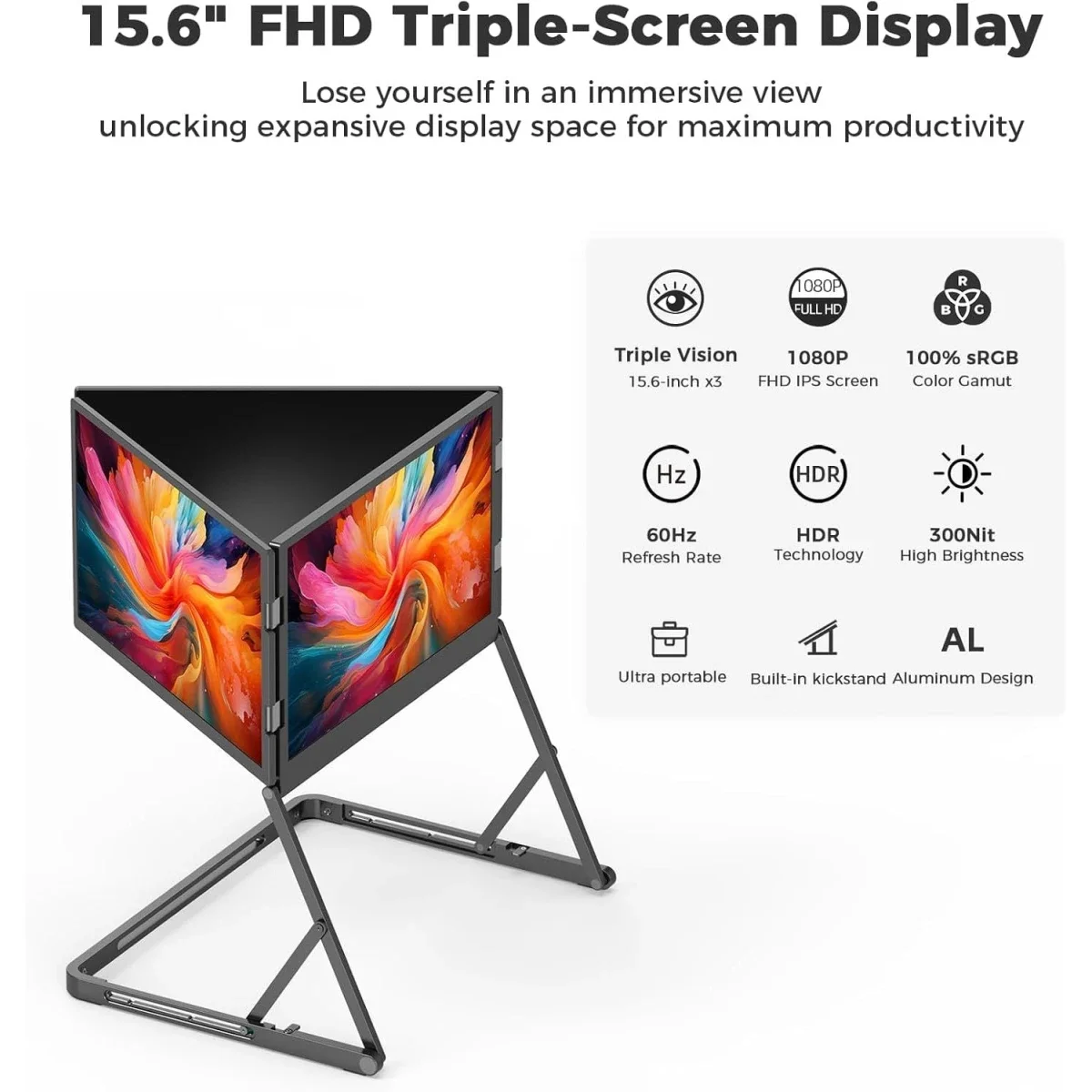 شاشة لابتوب موسعة V2COM Q1 ثلاثية IPS مقاس 15.6 إنش FHD 60 هرتز HDR ودوران 360° - Thumbnail 6