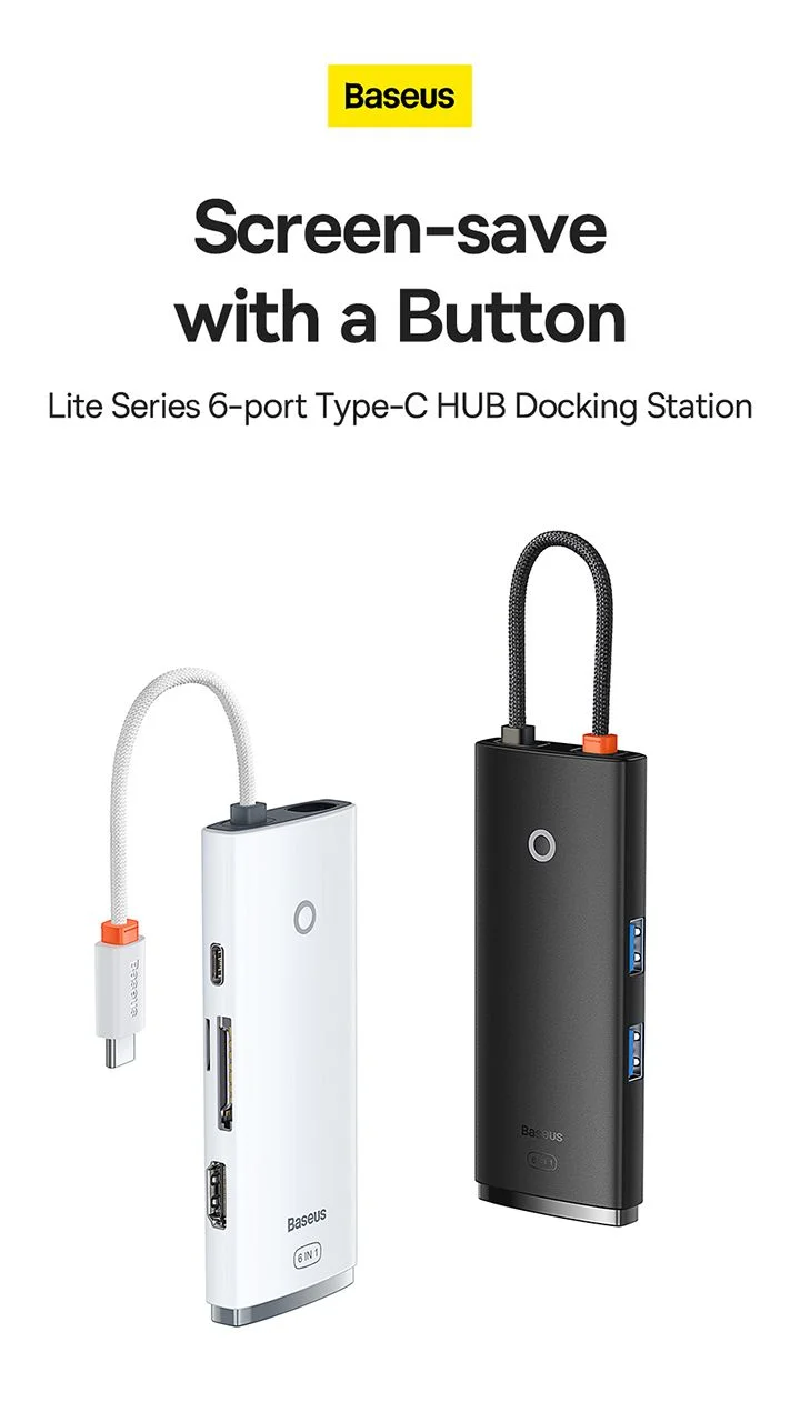 محطة إرساء وموزع Type-C Baseus Lite Series 6 منافذ HDMI وUSB 3.0 وPD وSD/TF باللون الأسود - Image 11