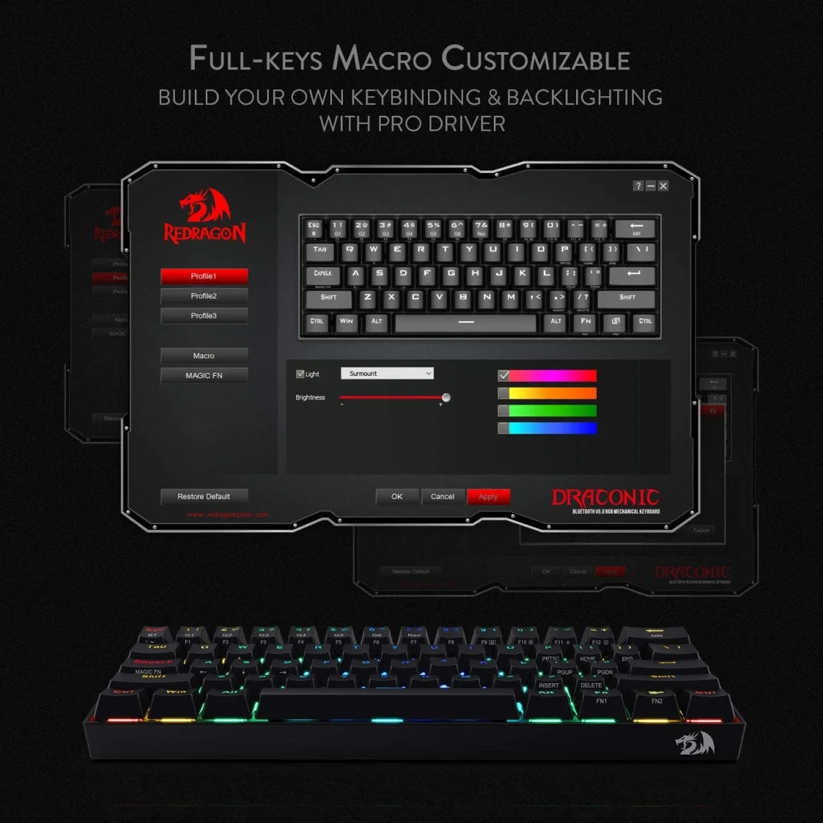 Redragon K530 Pro Draconic 60% Wireless RGB Mechanical Gaming Keyboard, 61 Keys, Brown Switches, Black - Thumbnail 7