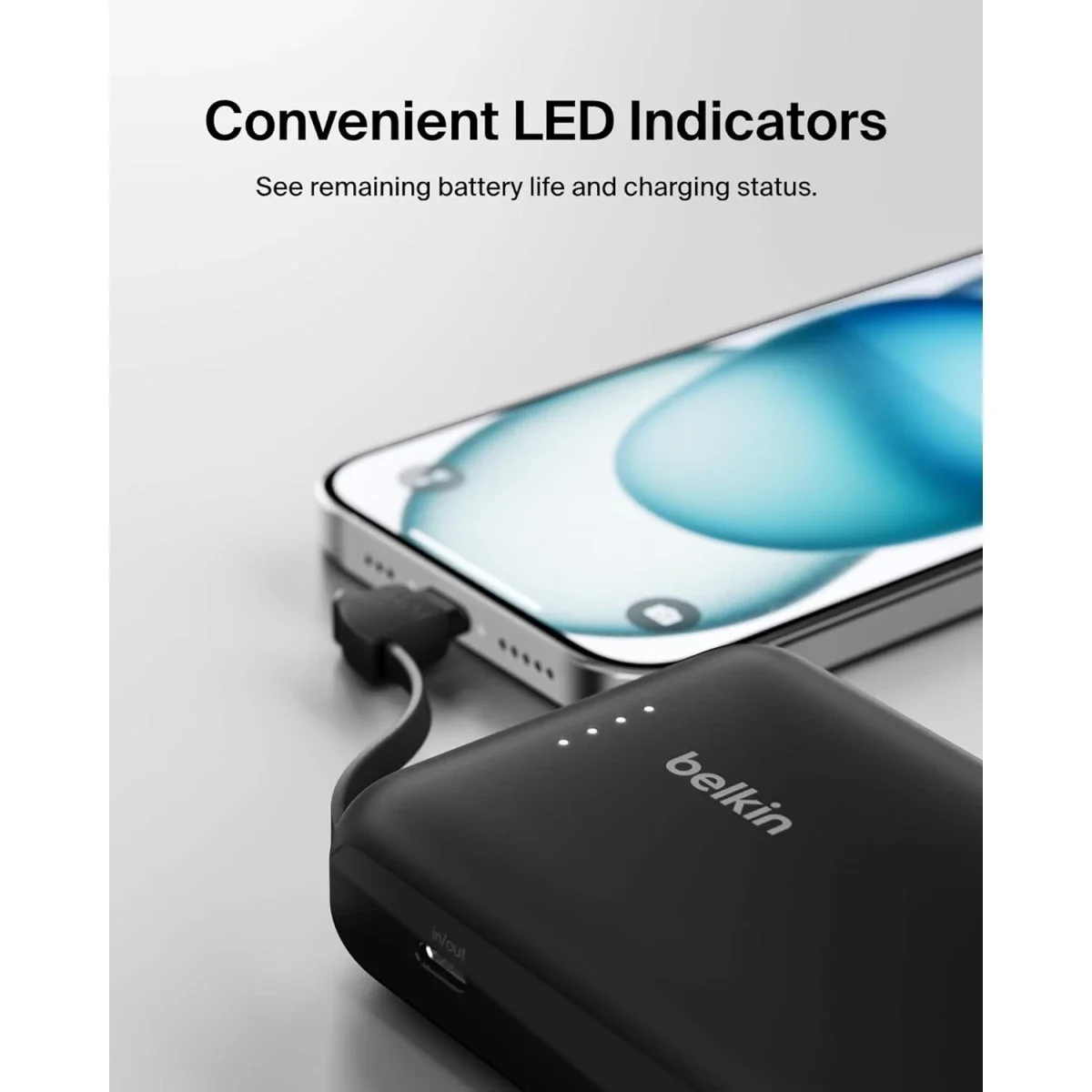 بطارية محمولة Belkin BoostCharge بسعة 10000mAh مع كابل USB-C مدمج وشحن PD بقوة 20W - أسود - Thumbnail 6