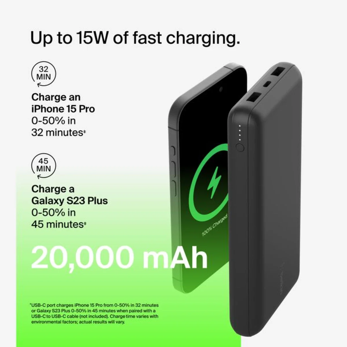 Belkin BPB012BTBK BoostCharge 20,000mAh USB-C Power Bank with 2 USB-A Ports, 15W, Black - Thumbnail 8