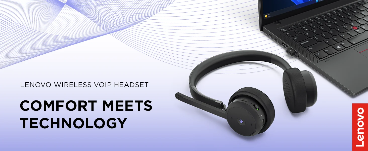 سماعة رأس Lenovo لاسلكية للمكالمات Teams، بلوتوث 5.3 ومستقبل USB-A - Thumbnail 9