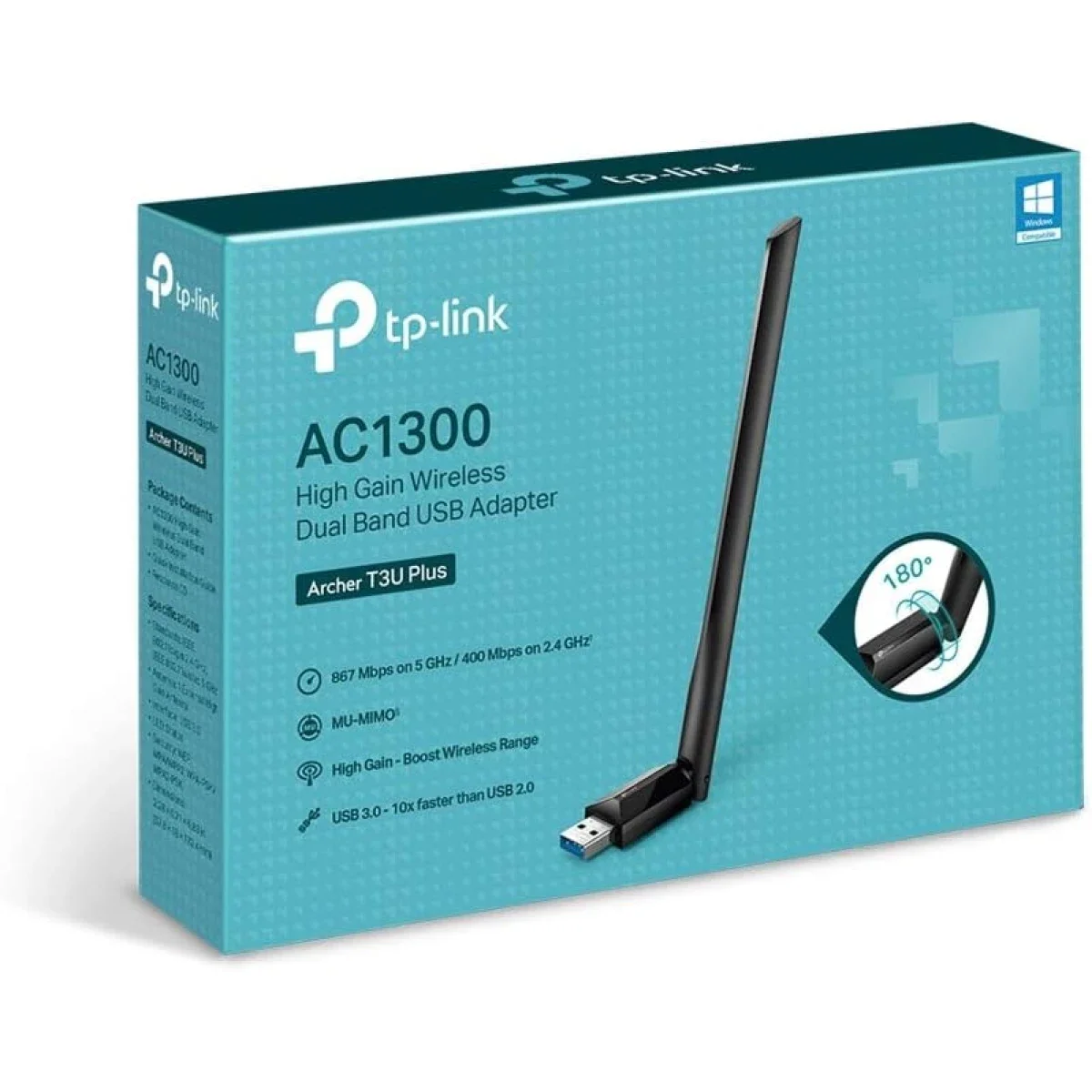 محول واي فاي TP-LINK Archer T3U Plus AC1300 ثنائي النطاق USB 3.0 مع هوائي عالي الكسب