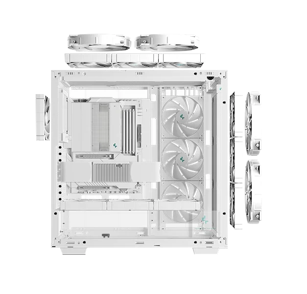 هيكل كمبيوتر DeepCool MORPHEUS فل تاور بتصميم تدفق هواء معياري مع حامل عمودي وكابل Riser Gen 4 وزجاج مقوى و4 مراوح Trinity 140mm ARGB - أبيض - Thumbnail 11