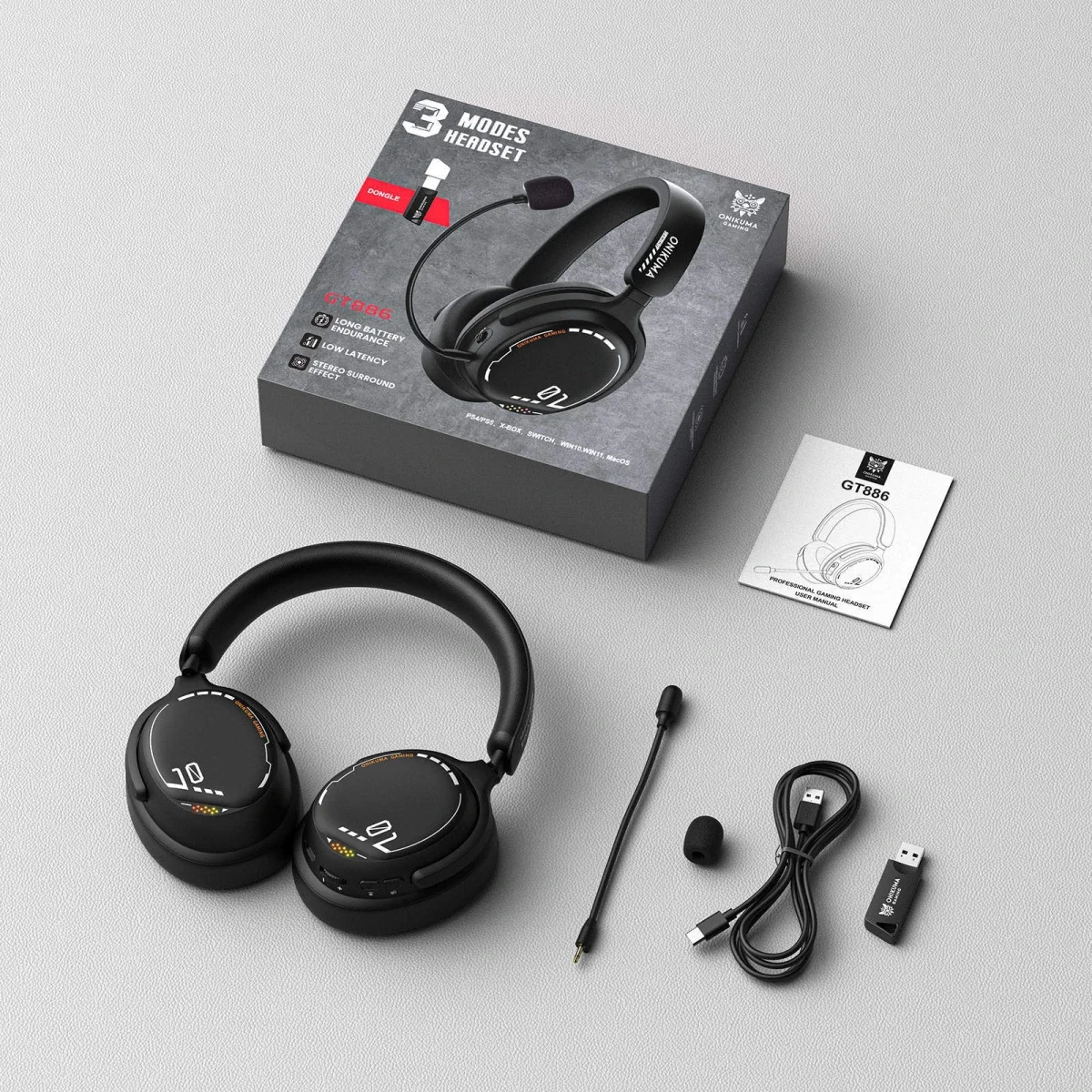 ONIKUMA GT886 Tri-Mode Wireless Gaming Headset with 2.4GHz, Bluetooth 5.3 & 3.5mm AUX - Black - Image 6