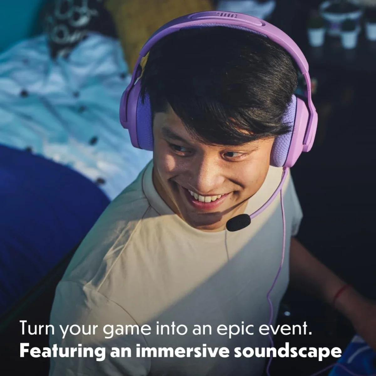 سماعة ألعاب JBL Quantum 100M2 سلكية بمشغلات 40 مم وميكروفون بوم قابل للفصل، بنفسجي - Thumbnail 6