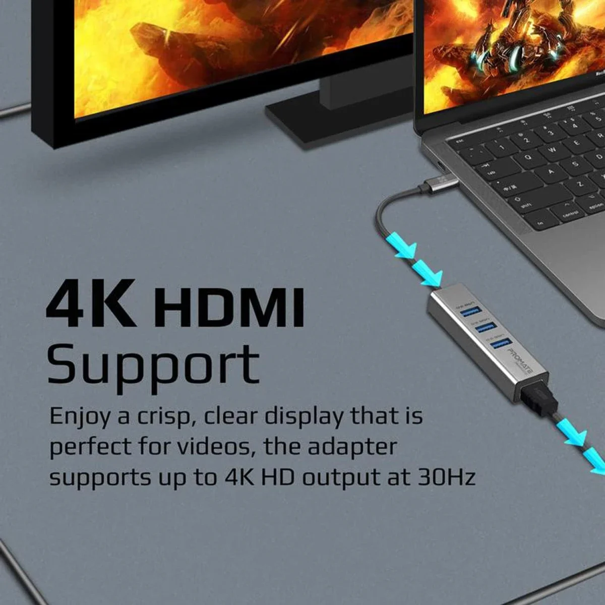محول USB-C إلى HDMI من الألومنيوم Promate MediaHub-C3 مع 3 منافذ USB 3.0 ودقة 4K 30Hz - Image 4
