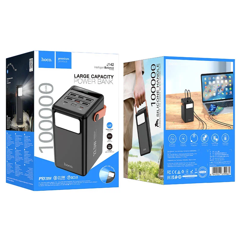 HOCO J142 Surpass 100000mAh Power Bank, 22.5W Fast Charging, 7 Output Ports, Black - Thumbnail 14