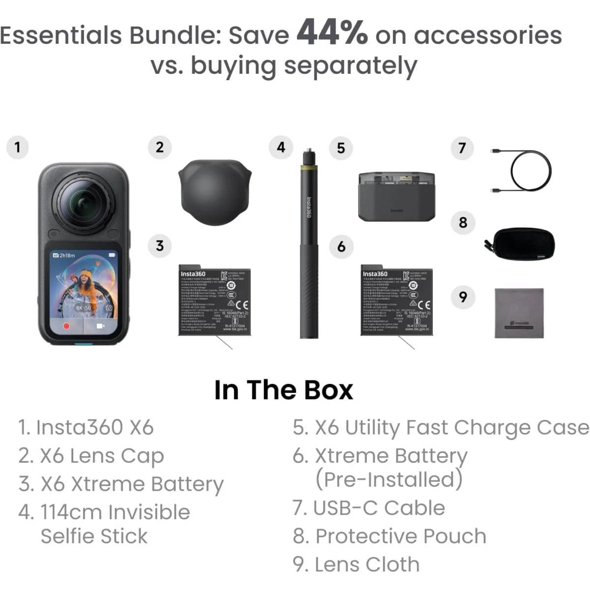 كاميرا أكشن Insta360 X6 حزمة Essentials بتصوير 360 درجة 8K50fps، مستشعرين 1/1.1 إنش، نظام ثلاث شرائح AI، InstaFrame 2.0، عصا سيلفي مخفية 114 سم وعلبة شحن سريع، أسود - Thumbnail 7