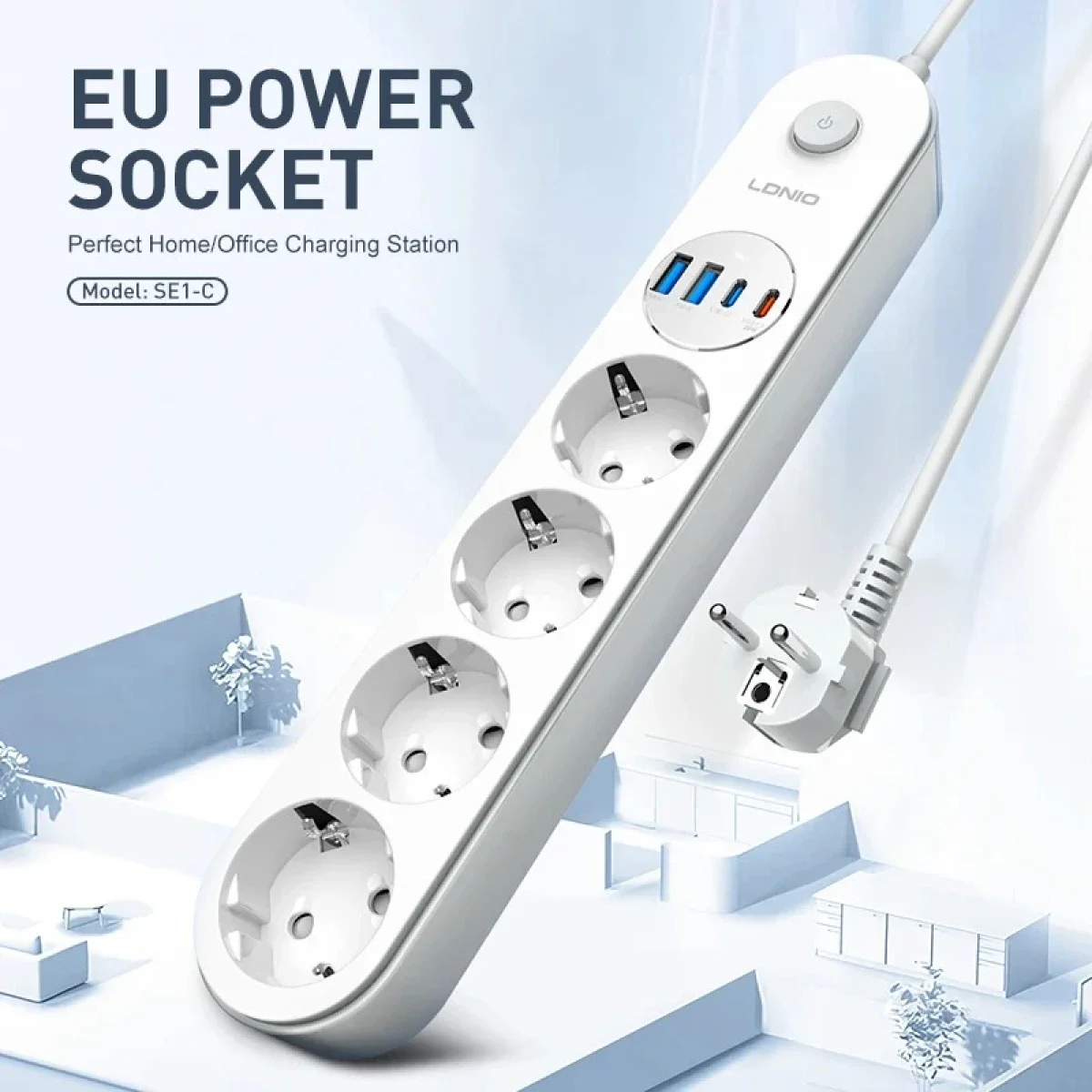 LDNIO SE1-C 20W PD Power Strip with 4 EU Outlets and 4 USB Ports - White - Thumbnail 3