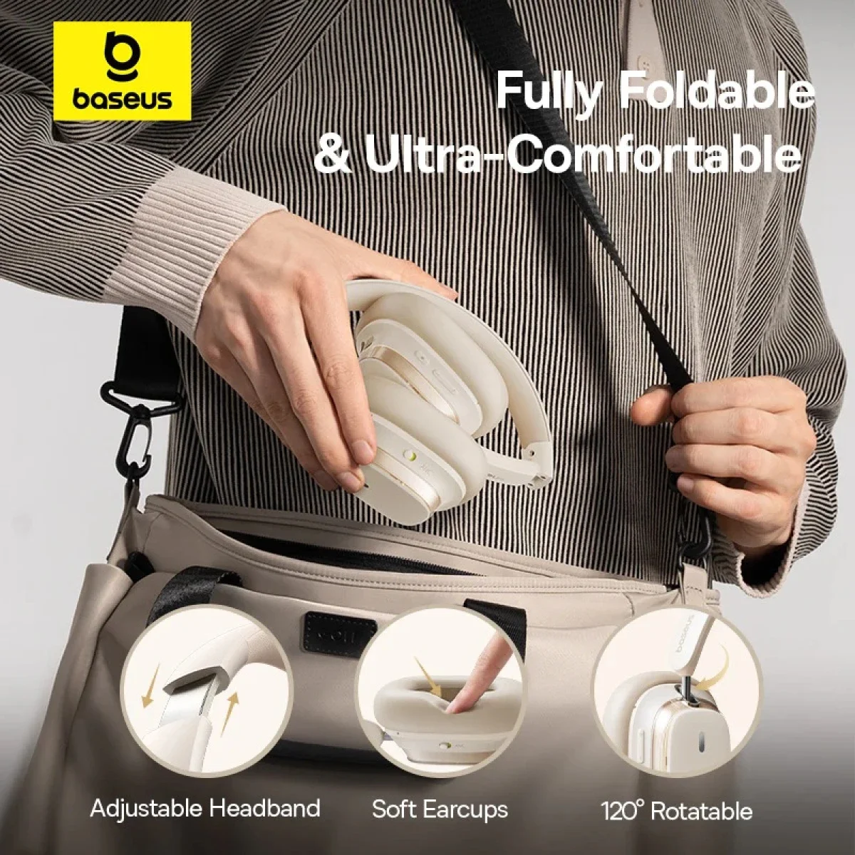 Baseus Bowie H1s Wireless Over-Ear Headphones with ANC, Bluetooth 5.4, 100H Battery - White - Thumbnail 6