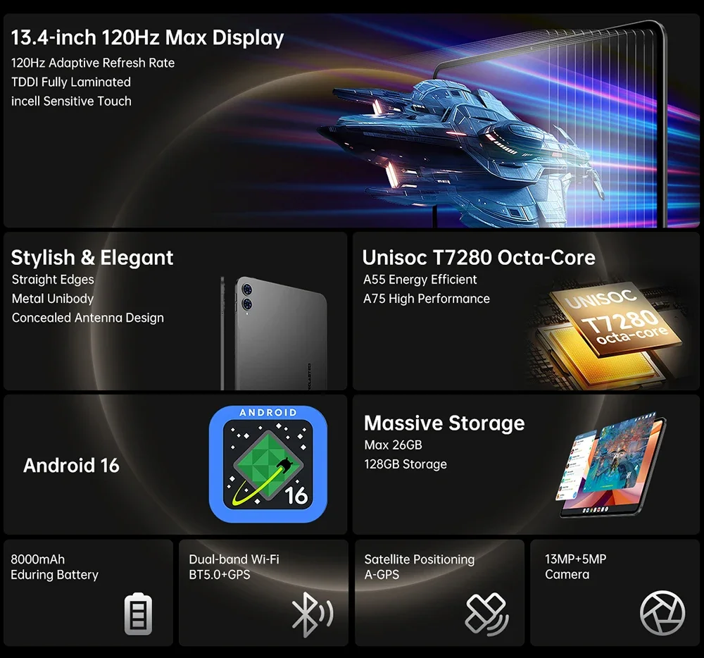 TECLAST T65 (2025) 13.4-inch 120Hz Android 16 Wi-Fi & LTE Tablet, 256GB, Gray - Thumbnail 10
