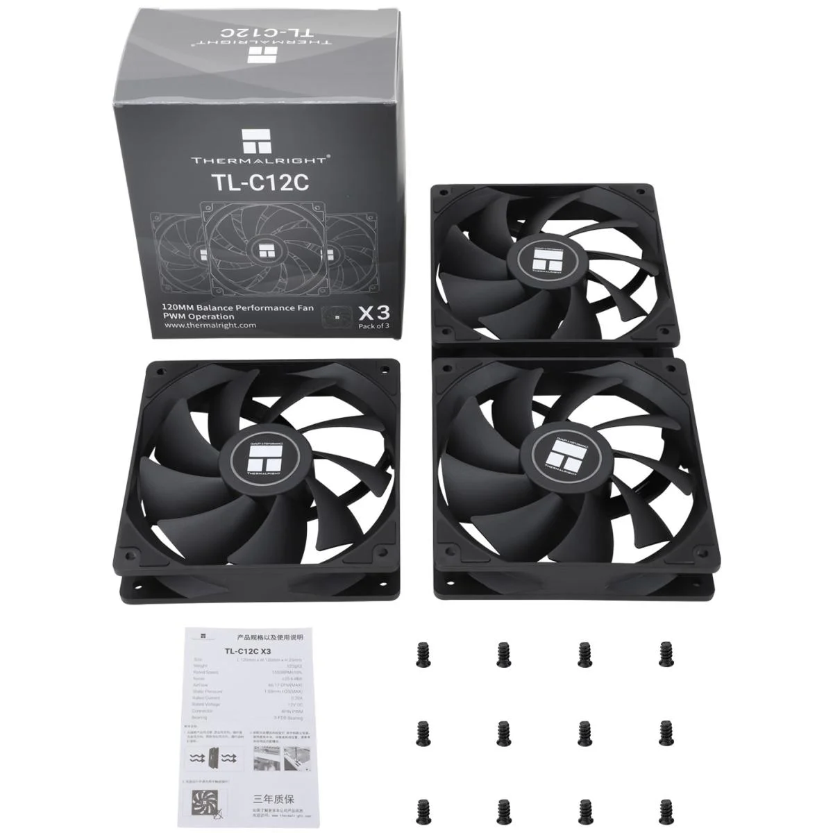 طقم مراوح تبريد Thermalright TL-C12C X3 مقاس 120 مم PWM أسود بدون إضاءة LED، 3 مراوح - Image 2