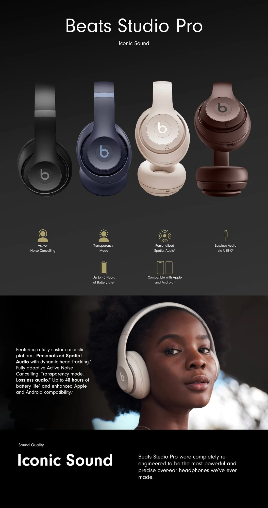 سماعات رأس فوق الأذن Beats Studio Pro لاسلكية مع إلغاء الضوضاء النشط وصوت USB-C بدون فقدان، أسود - Thumbnail 7