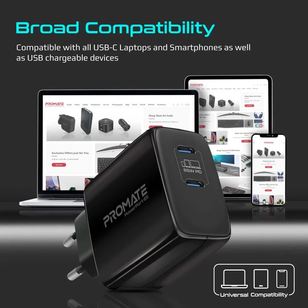 Promate PowerPort-65 65W GaN USB-C Dual-Port Fast Charger - Thumbnail 7