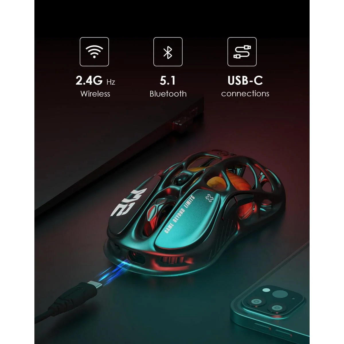 ماوس ألعاب لاسلكي GravaStar Mercury M2 بدقة 26000 DPI ومستشعر PAW3395DM أسود Stealth Black - Image 3