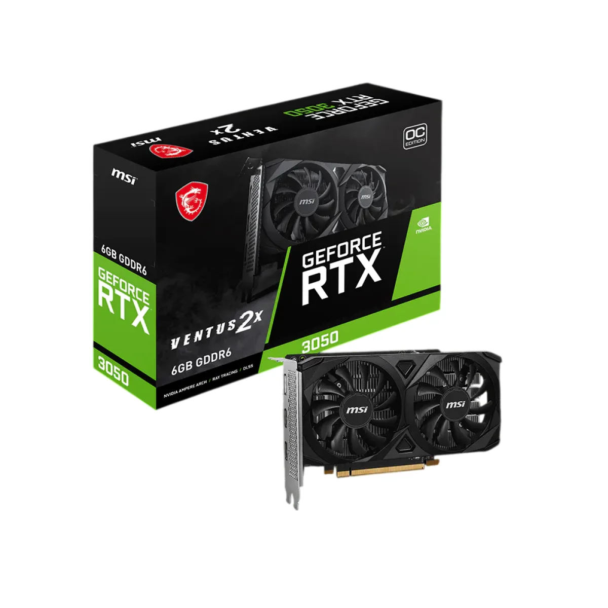 كرت شاشة MSI بذاكرة 6GB GDDR6 بدون موصلات طاقة - RTX 3050 VENTUS 2X E 6G OC