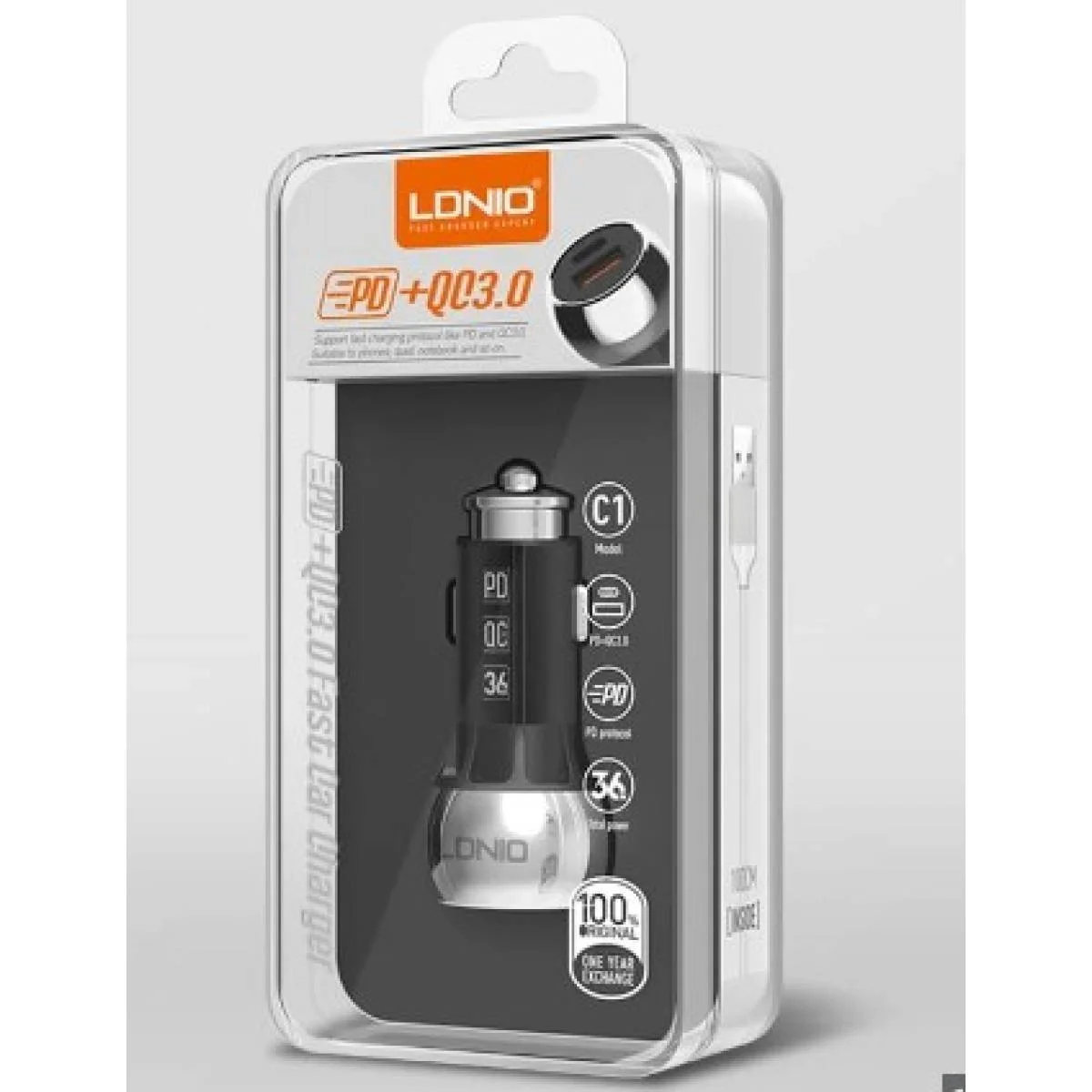 شاحن سيارة LDNIO C1 بمنفذين PD وQC 3.0 مع كابل USB-A إلى USB-C - Thumbnail 4