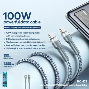 Remax RC-172 USB-C to USB-C Cable, 1m, 100W PD Fast Charging, Aluminum Alloy Braided, Silver - Image 3