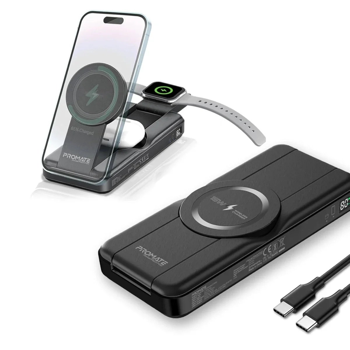 باور بانك MagSafe 5 في 1 قابل للطي Promate PowerPack-Fold بسعه 10000mAh وقدره 15W - اسود