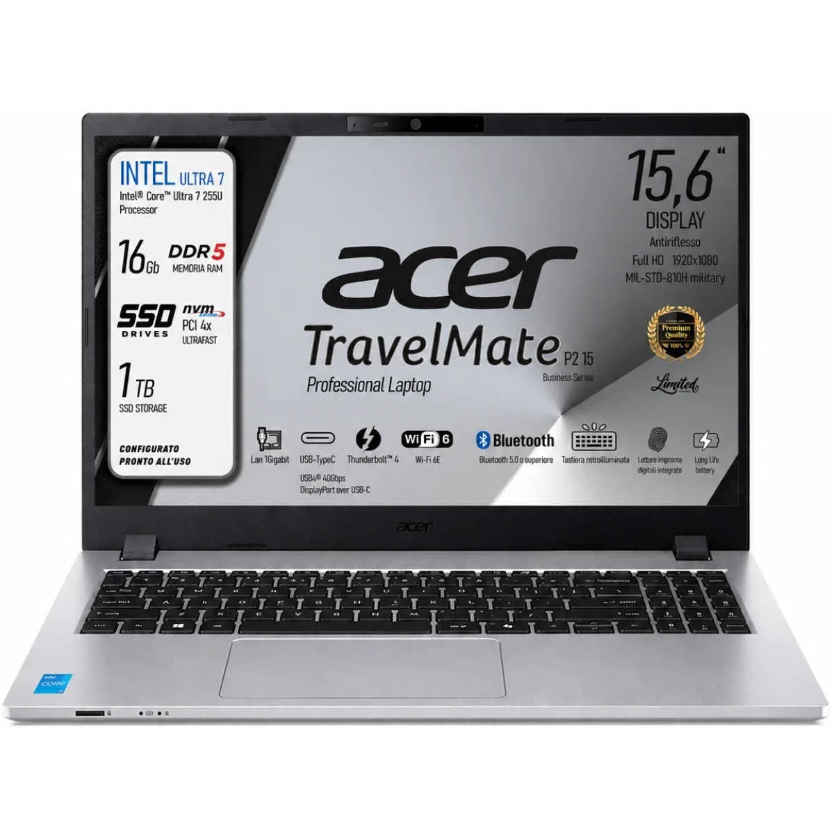 لابتوب أعمال Acer TravelMate P2 15 (2025) بمعالج Intel Core Ultra 7 255U وذاكرة 16GB وتخزين 1TB SSD