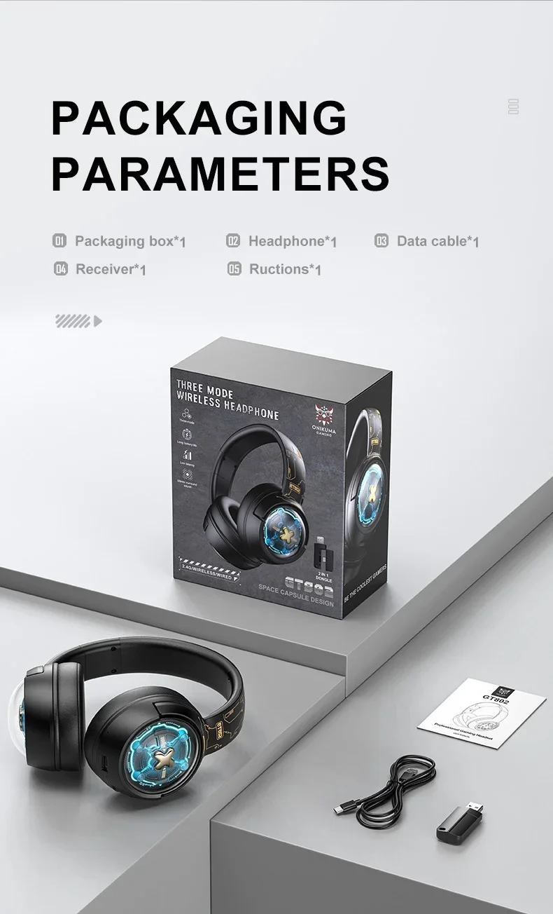 ONIKUMA GT802 Triple-Mode Wireless Gaming Headset with RGB Light, 60-Hour Battery - Black - Image 26