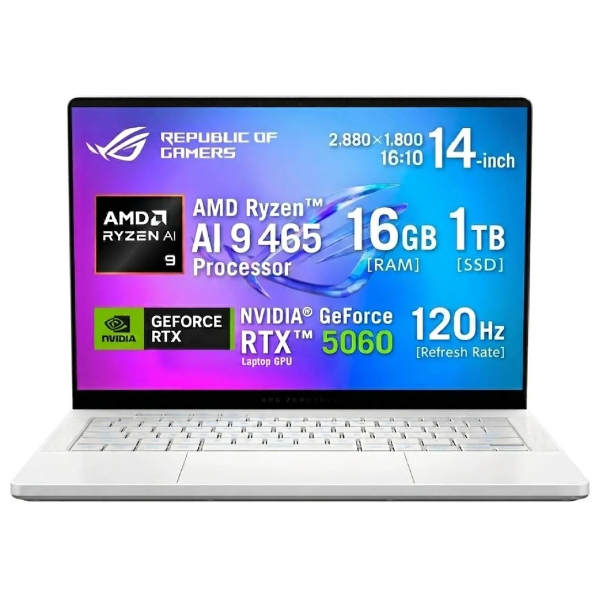 لابتوب Asus ROG Zephyrus G14 بشاشة 14 إنش OLED 3K، Ryzen AI 9 465، RTX 5060، رام 16GB، SSD 1TB، أبيض بلاتيني - Thumbnail 2
