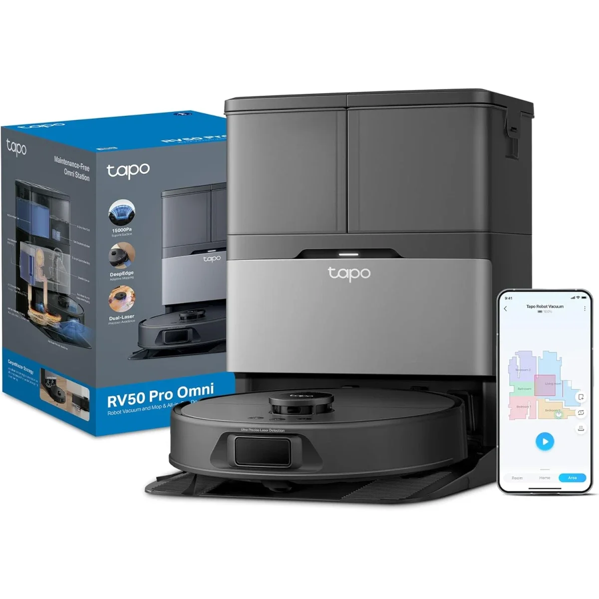 مكنسة روبوت TP-LINK Tapo RV50 Pro Omni مع ممسحة وقوة شفط 15000 باسكال