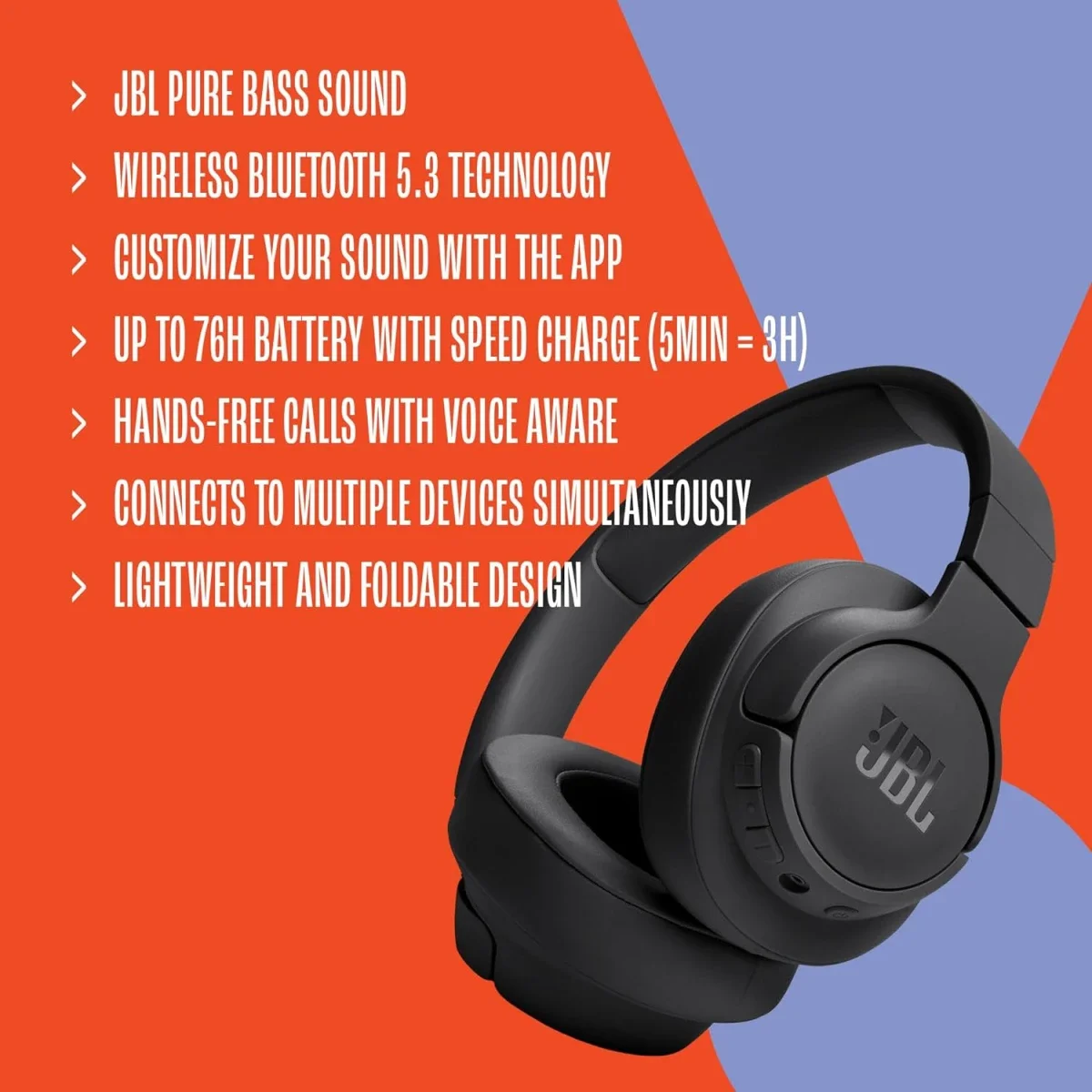 JBL Tune 720BT Wireless Over-Ear Headphones with Pure Bass Sound, Bluetooth 5.3, 76H Battery Life - Blue - Image 8