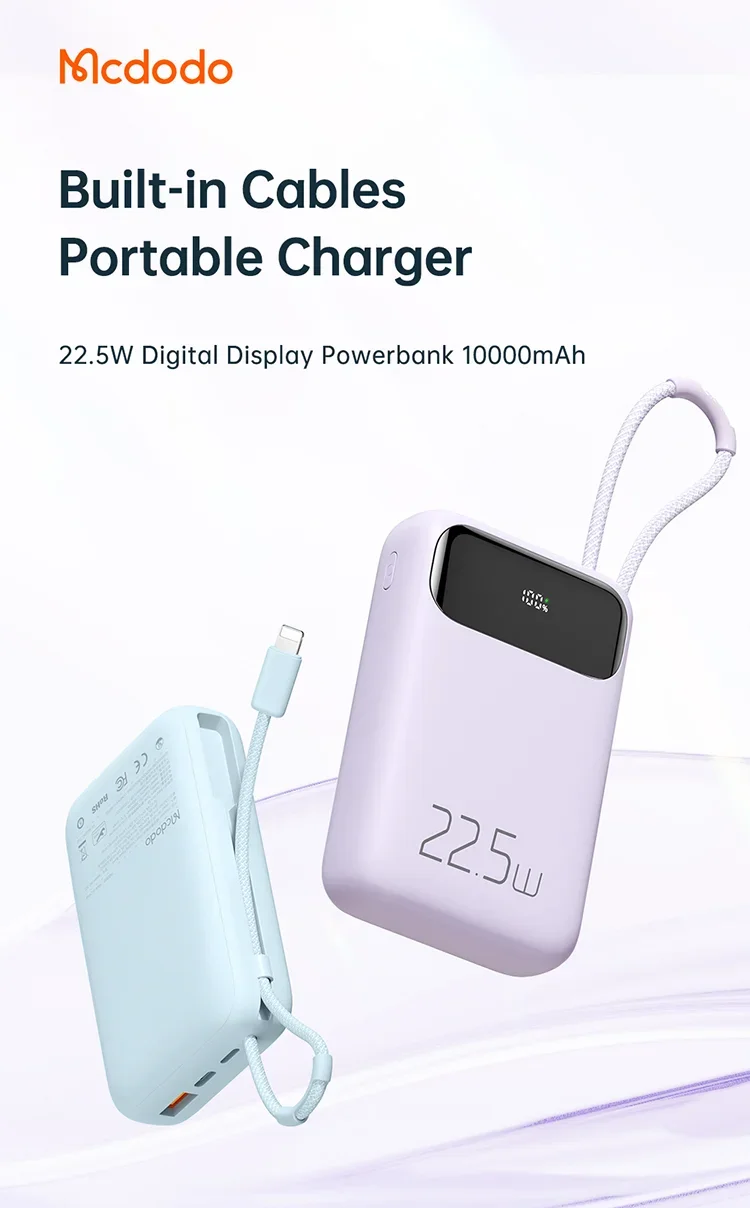 Mcdodo MC-325 10000mAh 22.5W PD Power Bank with Built-In iP Cable - Black - Thumbnail 8
